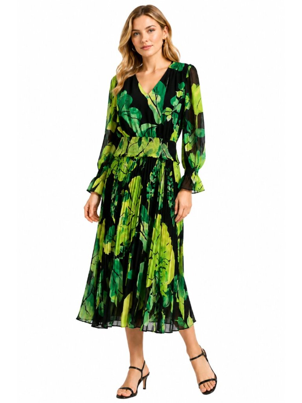 Chico's Tropical Leaf Green Black Pleated Midi Dress – NWOT, SIZE 8 (1R)